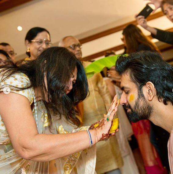 Rajeev's mother during the haldi ceremony