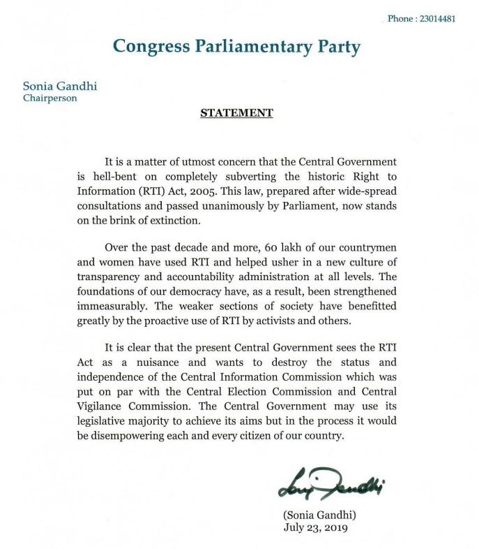 RTI On Brink Of Extinction, Central Govt Wants To Subvert Act: Sonia Gandhi