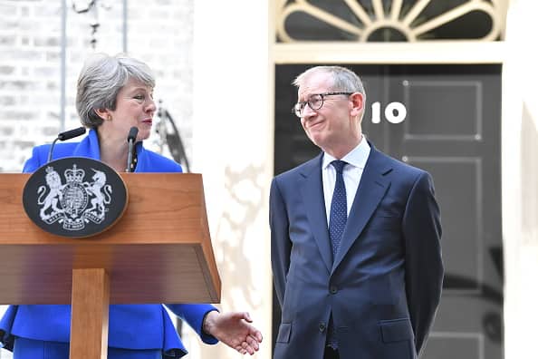 The outgoing Prime Minister made a final statement to the world's media beside husband Philip May from outside 10 Downing Street on July 24, 2019 in London, England. Theresa May has been leader of the Conservative Party since 13th July 2016. (Photo by Jeff J Mitchell/Getty Images)