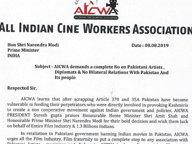 AICWA Demands Blanket Ban On Pak Artists After The Screening Of Indian Films Was Banned Across Border AICWA demands blanket ban on Pak artists after the screening of Indian films was banned across border