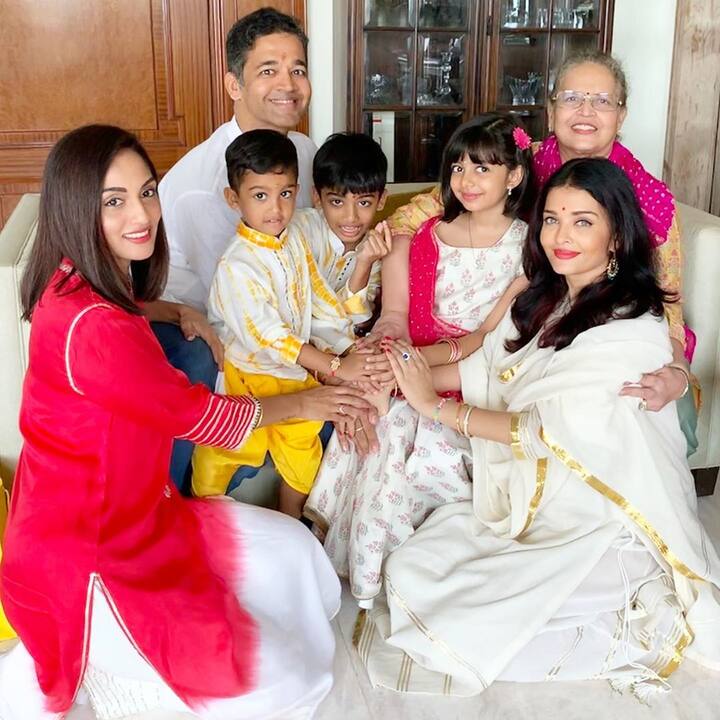 In her next Instagram post, Aishwarya uploaded group pictures with both her families, the Bachchans and Rais. Aishwarya looking ever gorgeous in a white salwar-kurta, poses with her brother Aditya, his wife Shrima Rai, their sons, mom Vrinda and Aaradhya
