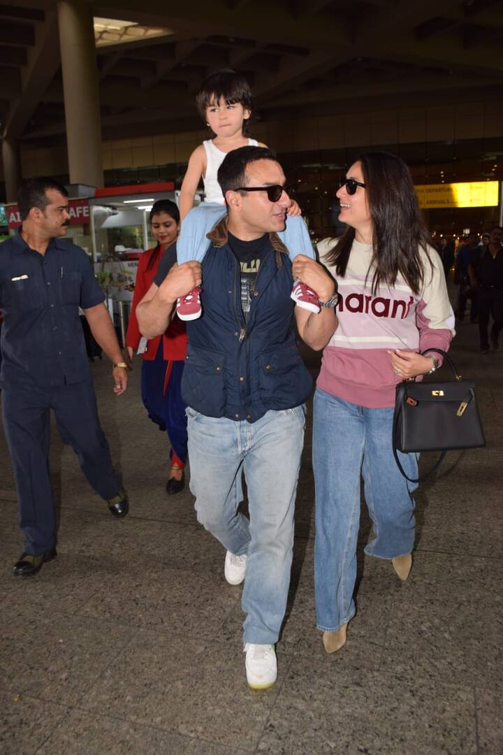And the Pataudis- Saif Ali Khan, wife Kareena Kapoor and their lil munchkin Taimur Ali Khan are back from their long vacation in London