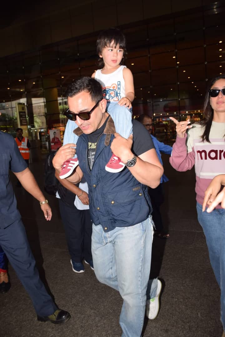The star-kid was enjoying piggy back ride on his daddy Saif's shoulder 
