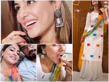 IN PICS: Hina Khan Enjoys Modak As She Celebrates Ganesh Chaturthi With Boyfriend Rocky Jaiswal; Looks Resplendent In Her Ethnic Wear!