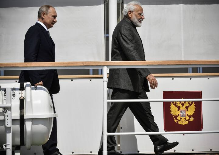 Prime Minister Narendra Modi and Russian President Vladimir Putin visited shipyard Zvezda, outside the far-eastern Russian port of Vladivostok on Wednesday, ahead of the start of the Eastern Economic Forum hosted by Russia. (Photo by Alexander NEMENOV / POOL / AFP)