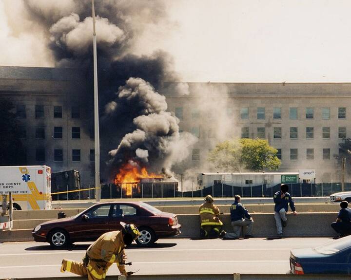The attacks killed 2,996 people, injured over 6,000 others, and caused at least 10 billion dollar in infrastructure and property damage. This image by the Federal Bureau of Investigation (FBI) released on March 31, 2017, shows first responders at the Pentagon after American Airlines Flight 77 crashed into the Pentagon on September 11, 2001. The flight from Dulles International Airport to Los Angeles, was hijacked by five al Qaeda terrorists, who flew the plane into the building at 9:37am ET, on September 11, killing 64 passengers and crew and 125 people in the Pentagon. (Photo by HO / FBI / AFP)