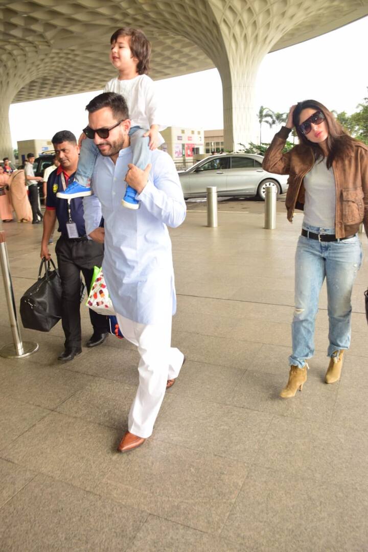 Bollywood actor Saif Ali Khan along with wife Kareena and their baby son Taimur was spotted at the Mumbai Airport on Wednesday(September 18) as they jetted off to Pataudi to celebrate Bebo’s birthday which falls on September 21.