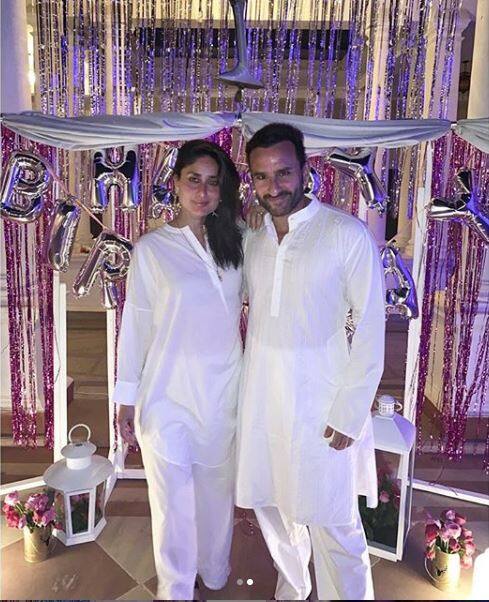 For the occasion, Kareena wore a simple white Kurta-Pyjama and Saif was seen twinning with her as even he wore the same. 