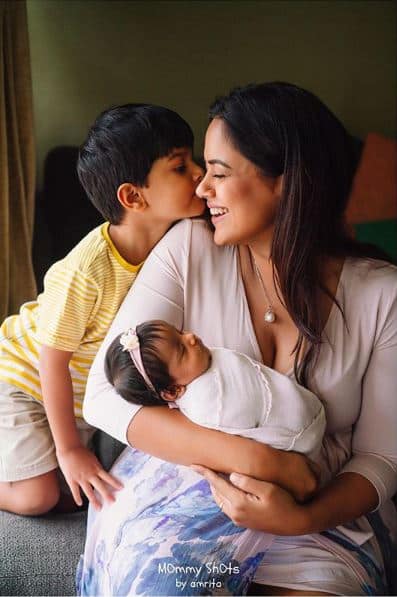 Sameera also shared a beautiful picture with baby Nyra and her 4-year-old son Hans, on Instagram.