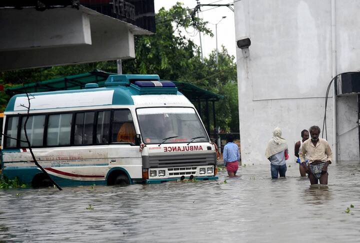 A view of waterlogged NMCH following heavy monsoon rain in Patna. (PTI Photo)