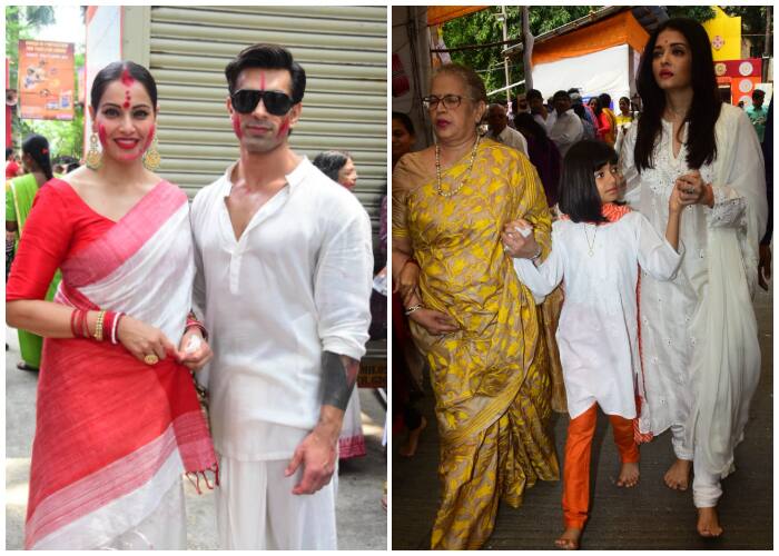 The festive season of Durga puja is here & many Bollywood celebs are visiting Durga Puja pandal these days to seek blessings from Goddess Durga. Today (8th October), Aishwarya Rai Bachchan with family and Bipasha Basu-Karan Singh Grover got snapped in Mumbai at Durga Puja pandals. Take a look at their pictures below...