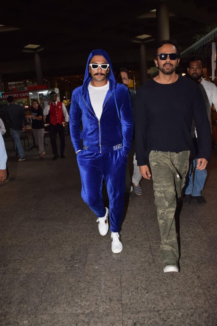 Bollywood superstar Ranveer Singh was spotted at the Mumbai airport in a velvet blue tracksuit. 