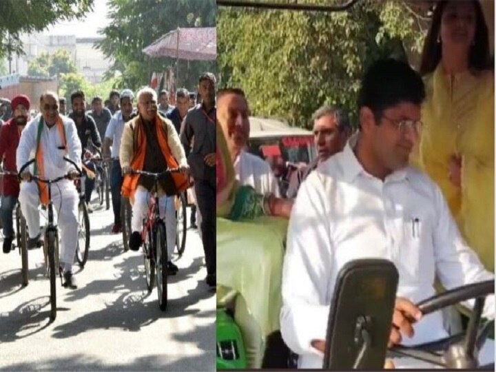 Haryana Assembly Polls: Interesting! Khattar Arrives On Cycle To Cast Vote, Chautala Drives Tractor; Watch Video