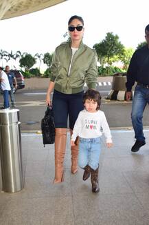 PICS: Taimur Ali Khan Wears \'I Love Mom\' Tee, Twins With Kareena Kapoor In Matching Leather Boots At Airport