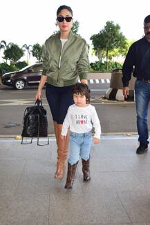 PICS: Taimur Ali Khan Wears \'I Love Mom\' Tee, Twins With Kareena Kapoor In Matching Leather Boots At Airport