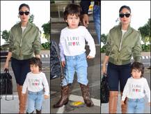 PICS: Taimur Ali Khan Wears \'I Love Mom\' Tee, Twins With Kareena Kapoor In Matching Leather Boots At Airport