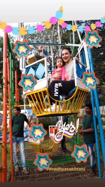 Radhya Takhtani enjoying a ride with mommy Esha Deol at Riaan's birthday bash. (Photo: Instagram)