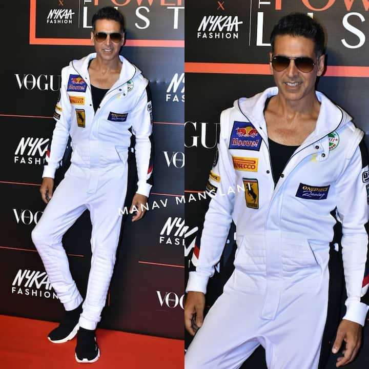 'Khiladi' Akshay Kumar, who is basking in the success of his last releases 'Housefull 4', 'Mission Mangal' and 'Kesari', looked uber cool in a white jumpsuit. (Photo: Manav Manglani)