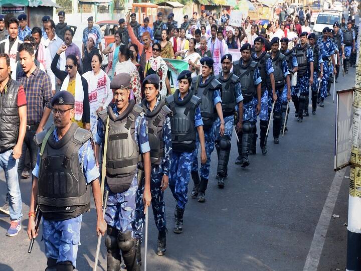 Rapid Action Force (RAF) personnel keep vigil as activists of All Assam Students Union along with members of various organizations participate in Satyagraha procession demanding withdrawal of the Citizenship (Amendment) Act -2019, in Guwahati. (Image: PTI)