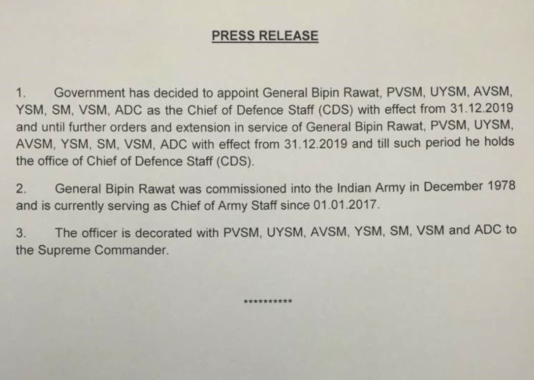 Day Before His Retirement, General Bipin Rawat Appointed As India's First Chief of Defence Staff