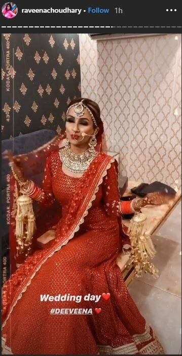 Raveena looked beautiful in a bridal red lehenga. (Source- Instagram)