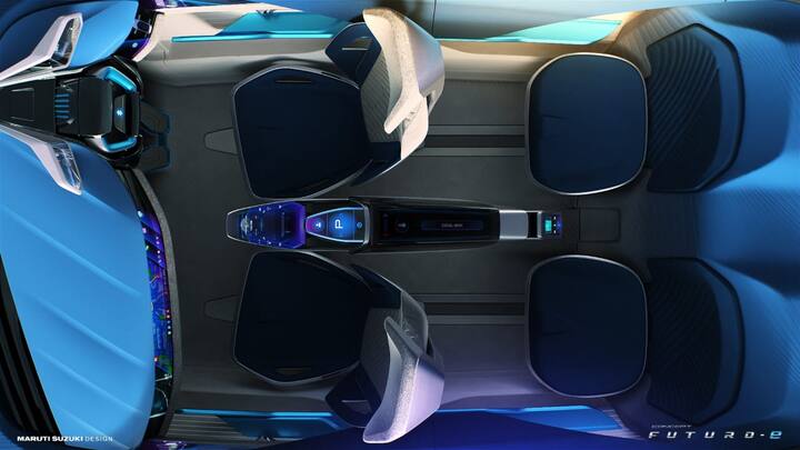 The interior has seats which are flexible plus there is a blue colour all around.