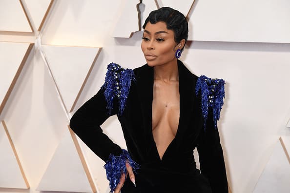 Blac Chyna looked liked a dramatic glam goddess in a thigh-high slit dress. She made a real statement on the red carpet with her body-hugging statement. (Source- Getty Images)