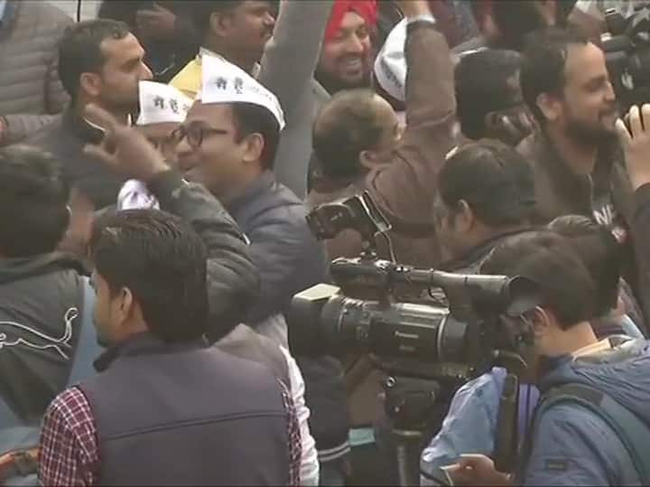 The victory celebration has already begun at Aam Aadmi Party (AAP) office in Delhi. Take a look at the pictures below...(Photo Credit: ANI)
