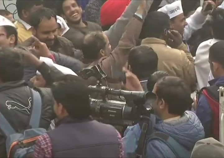 Party national convener Arvind Kejriwal also visited AAP headquarters at 8.47am today along with his family members and is expected to stay here until the final results are announced. (Photo Credit: ANI)