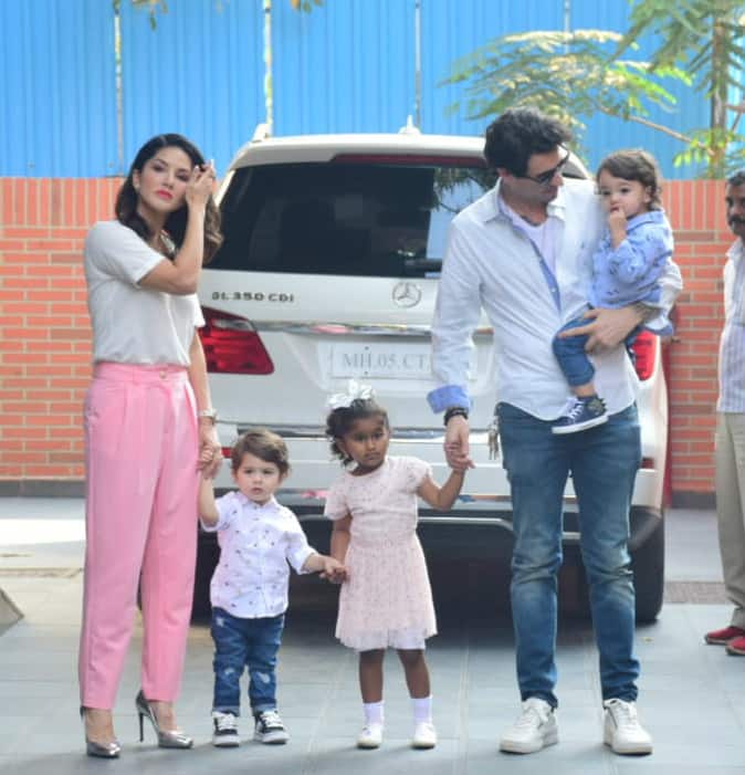 Bollywood stunner Sunny Leone, who is one of the most-oved celebs in the entertainment industry, got snapped with hubby Daniel Weber & kids Nisha, Asher & Noah Singh Weber in Mumbai today (February 16). (Photo: Manav Manglani)