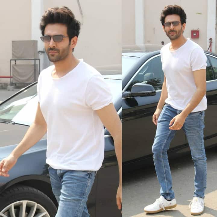 ‘Love Aaj Kal’ actor Kartik was snapped post a shoot in Mumbai by the paparazzi. He wore a white t-shirt and blue denims and posed happily for the cameras. 