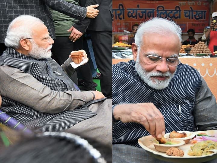  Prime Minister Narendra Modi on Wednesday made a surprise visit to 'Hunar Haat' at Rajpath in New Delhi, where he interacted with artisans and relished 'litti-chokha' and 'kulhad' tea. (Image: Twitter/ Narendra Modi)