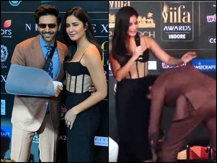 Kartik Aryan Touches Katrina Kaif's Feet With His Fractured Hand At IIFA 2020 Press Conference VIDEO Watch: OMG! Kartik Aaryan Touches Katrina Kaif's Feet With His Fractured Hand At IIFA Press Conference, Here's Why!