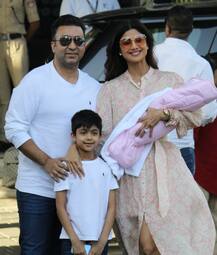 FIRST PICS: Shilpa Shetty Gets Snapped With Newborn Daughter; Whole Family Poses Together At Airport