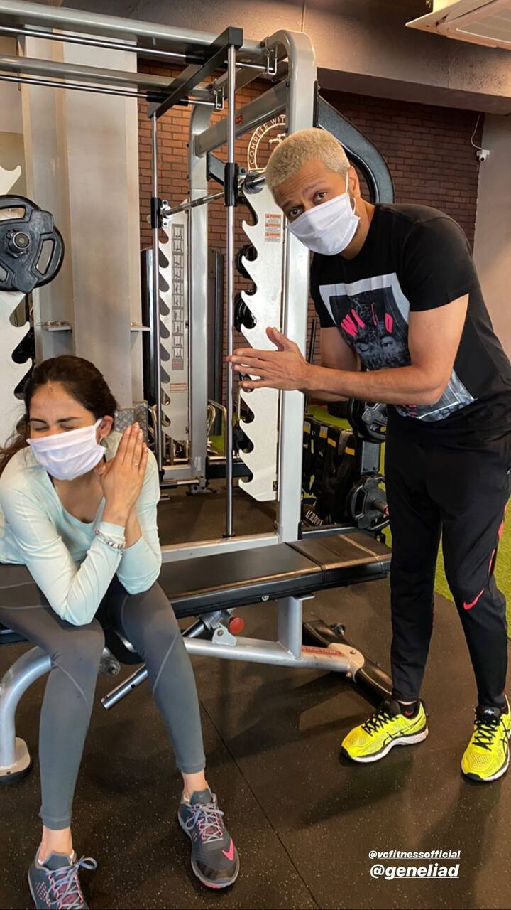 Riteish Deshmukh shared a photo with wifey Genelia D’Souza from the gym. The couple wore masks as a precautionary measure. (Source- Instagram)  