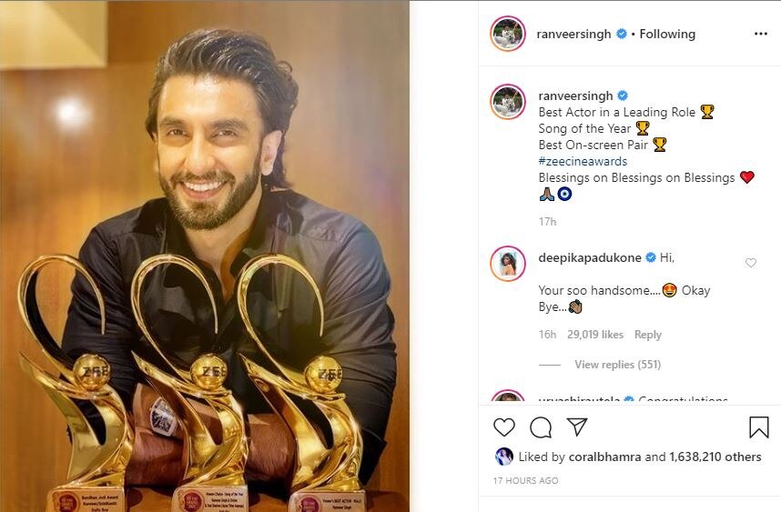 Zee Cine Awards 2020: Ranveer Singh Wins Best Actor Award, Wife Deepika Padukone Gushes Over His PIC