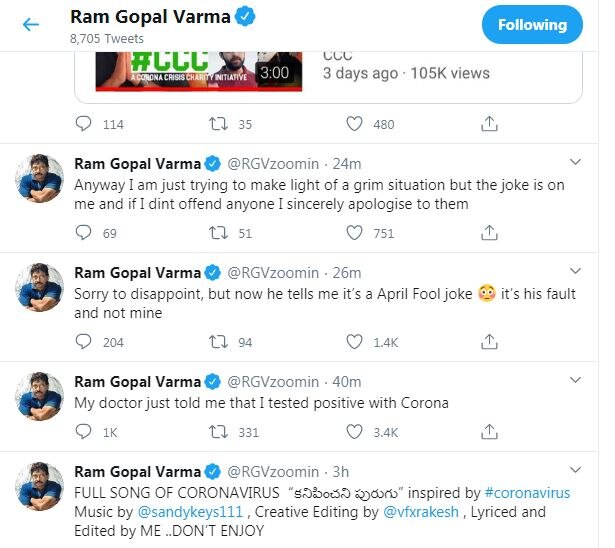 Ram Gopal Varma Says He Tested Positive For Coronavirus, Later Calls It 'April Fool Joke