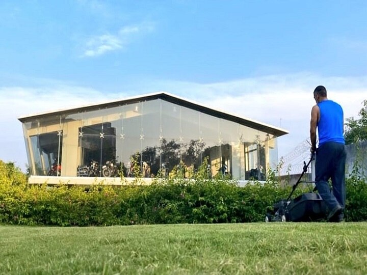 IPL Team CSK shares MS Dhoni Pick Where Mahi Spotted Mowing Lawn 