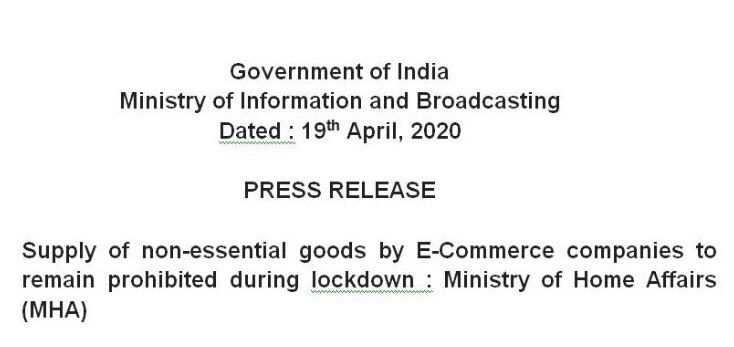 Home Ministry Reverses Order: E-Commerce Websites To Not Deliver Non-Essentials During Extended Lockdown