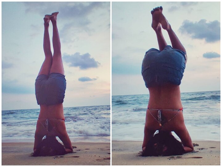 South Actress Amala Paul S Pictures Doing Headstand Pose By