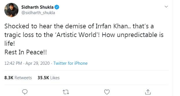 'Bigg Boss 13' winner Sidharth Shukla mourned Irrfan Khan's death on Twitter. 