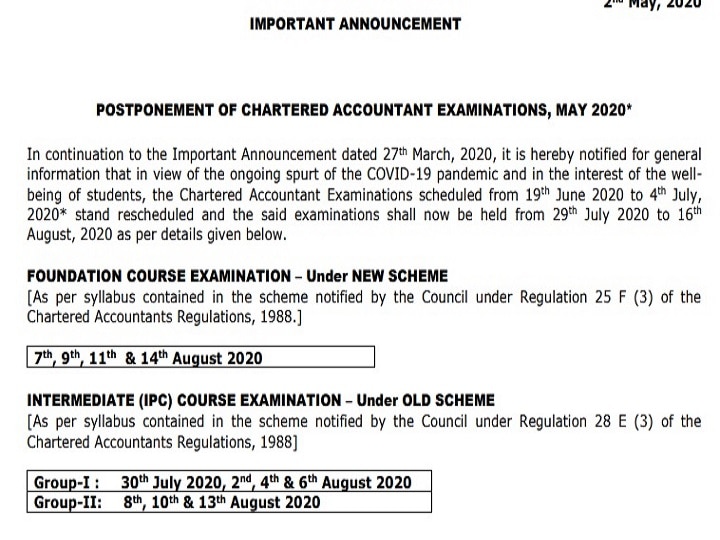 CA Exams Postponed To Be Held On July 29th ICAI Postpones CA Exams To July 29th: Checkout Complete Schedule Here