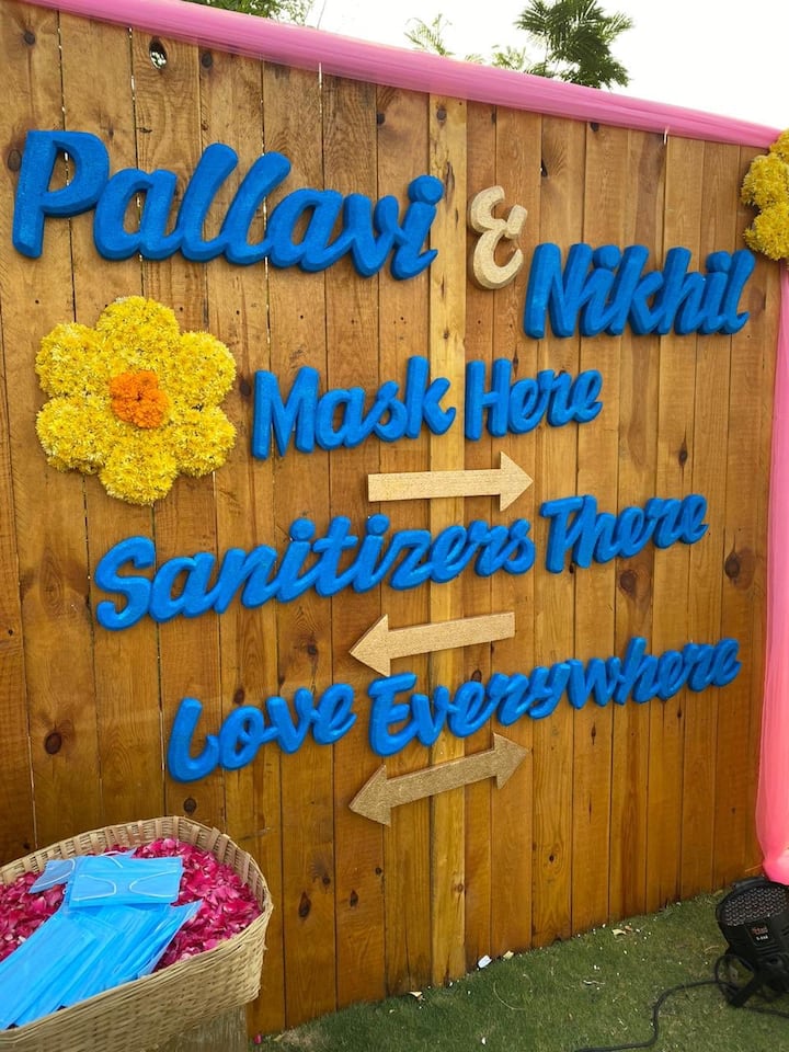 Nikhil Siddhartha ensured that all the precautionary measures were taken at his wedding. He arranged for masks and sanitizers. The banner 'Love Everywhere' will definitely win your hearts. (PIC Credit: Twitter)