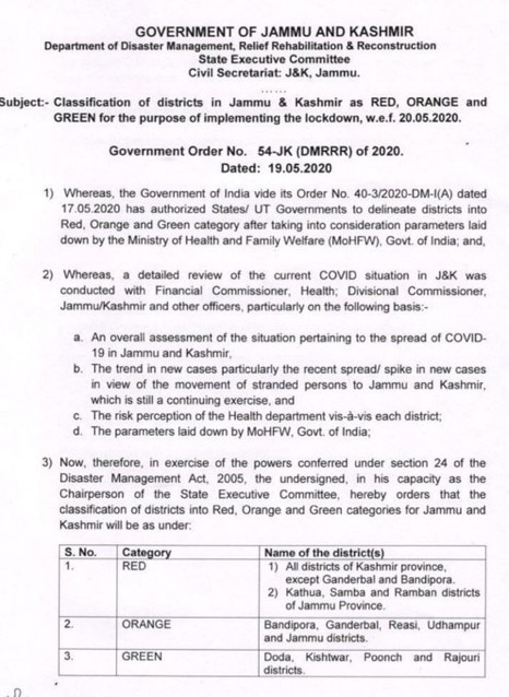 Lockdown 4.0: J&K Government Issues Fresh List Of Districts Classified As Red, Orange, Green