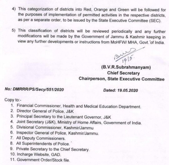 Lockdown 4.0: J&K Government Issues Fresh List Of Districts Classified As Red, Orange, Green