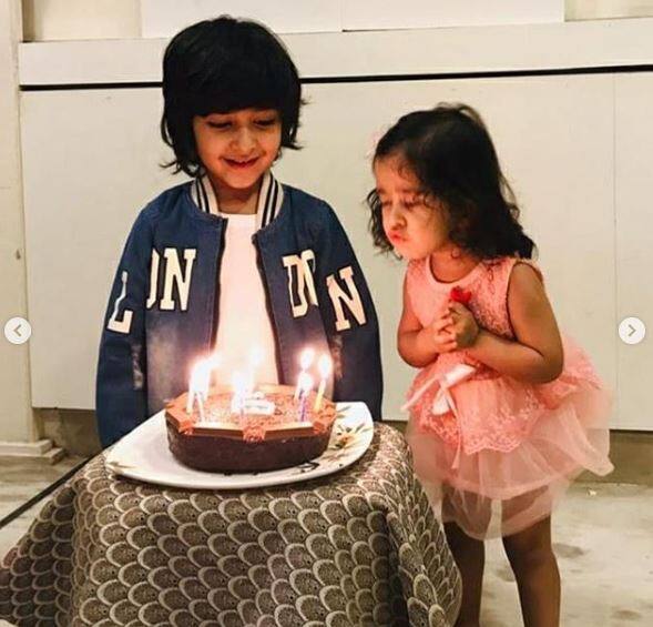 Shaurya cut a birthday cake along with his sister.