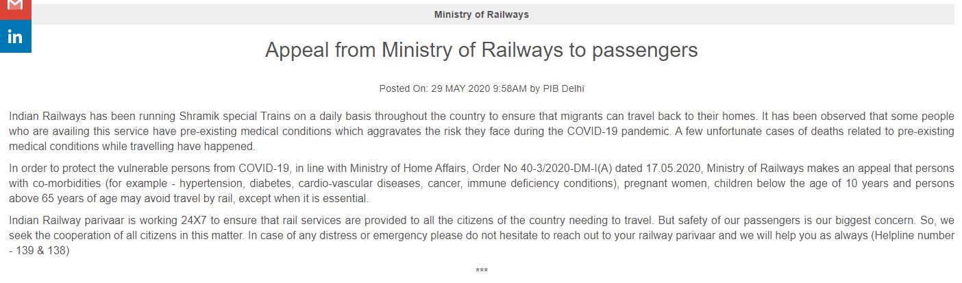 Railways Appeals People With Ailments, Pregnant Women To Refrain From Travelling After Recent Spate Of Deaths In Trains