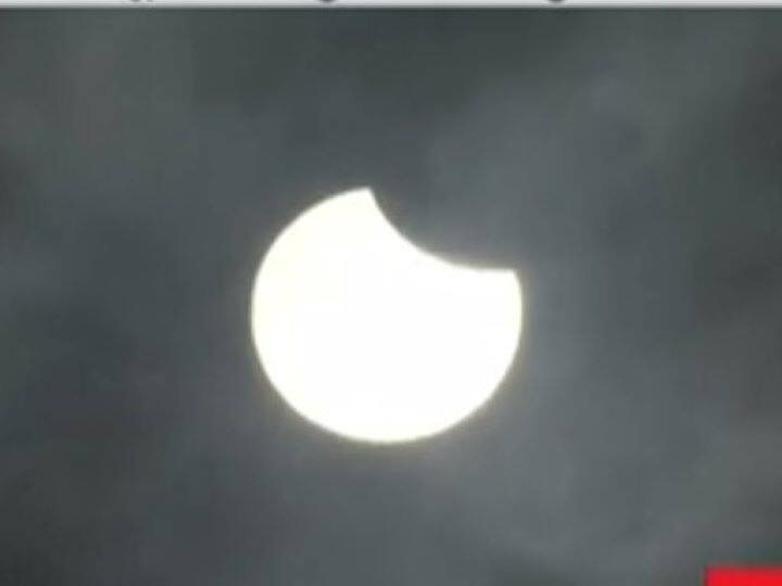 Due to the cloudy weather the view  of solar eclipse appeared hazy in Noida. It is advisable to use filters while watching the eclipse as the direct rays can cause permanent damage to the eyes