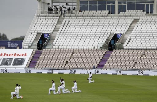 International test cricket resumed after several months with a match between England and the West Indies at the Ageas Bowl in Southampton, southwest England on July 8, 2020. (Photo by Adrian DENNIS / POOL / AFP)