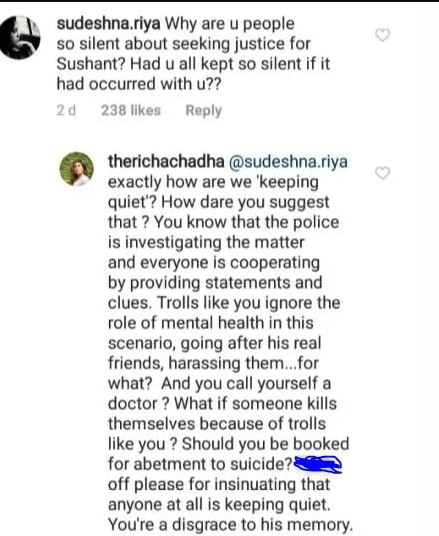Richa Chadha Hits Back At Troll Who Questioned Her Silence On Sushant Singh Rajput’s Suicide